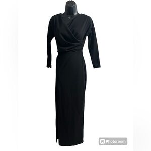 Boohoo Women’s Black Long Dress Faux Wrap Front Slit Dress Size 10